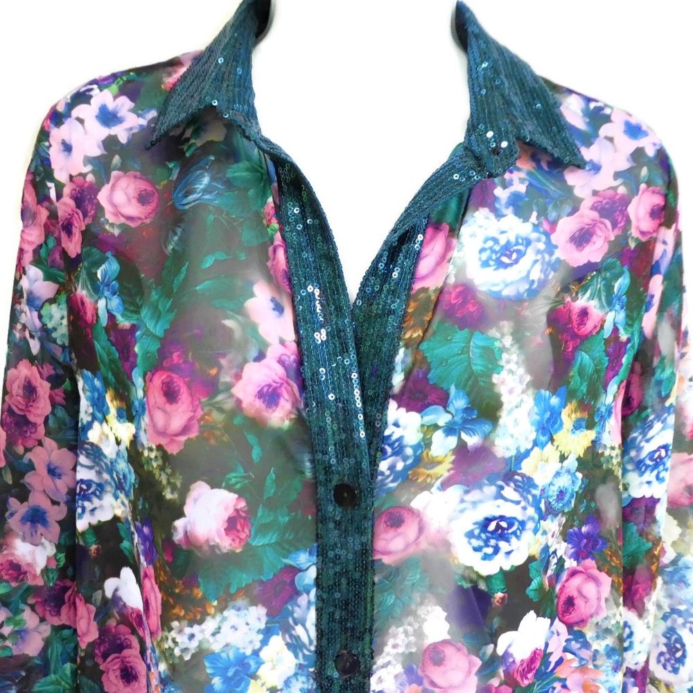 Kaya Di Koko Blouse Floral Sequin Turquoise L